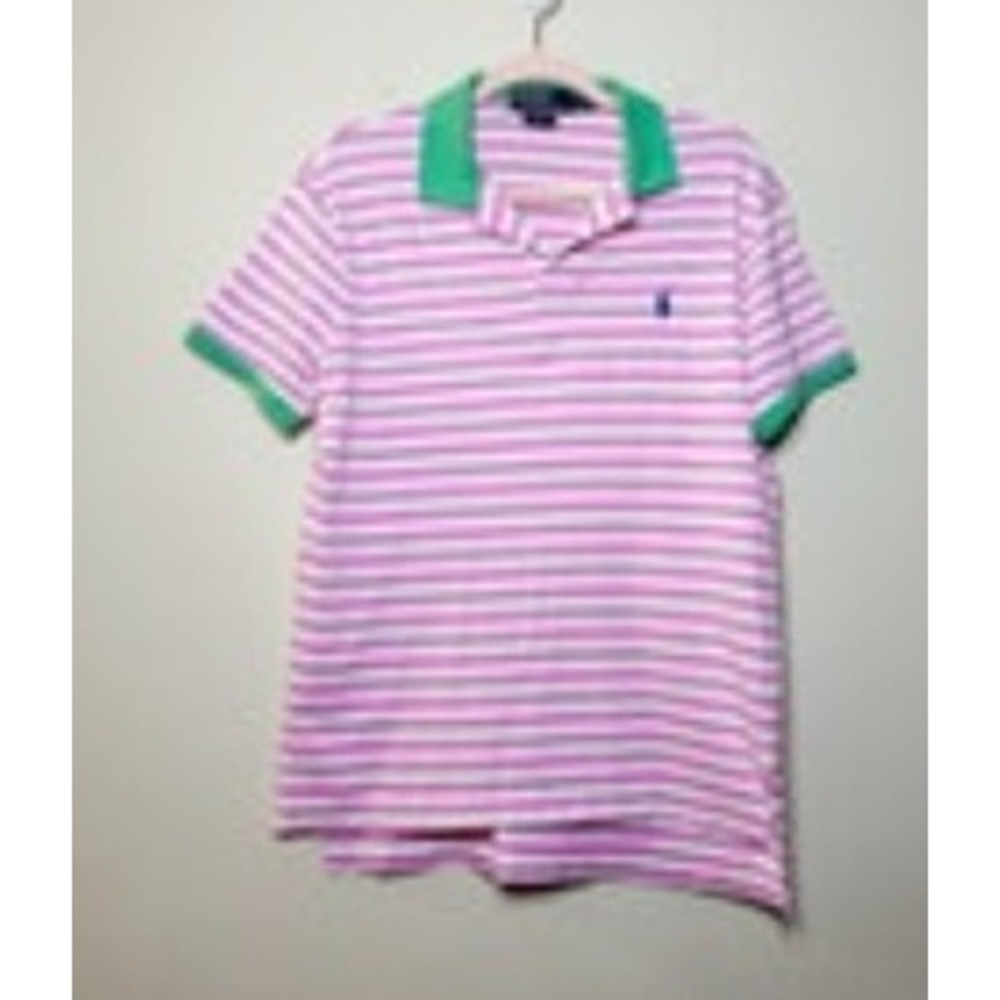 Polo Ralph Lauren Mens Pink White Striped Polo Shirt Green Collar Size Medium